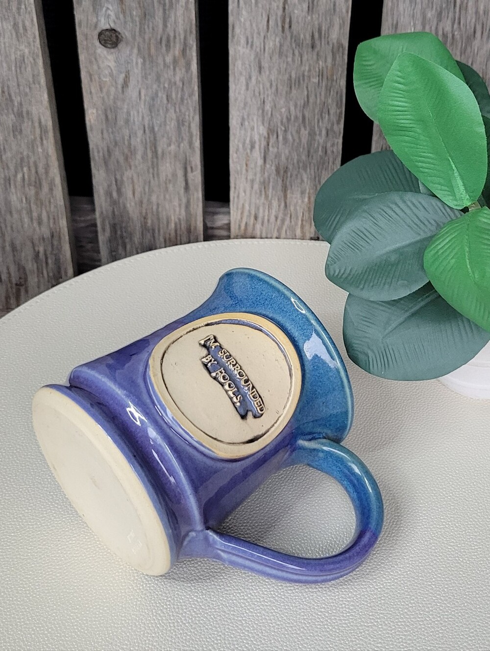 Black Dog Pottery Handcrafted Blue Mug Inscription: I'm Surrounded By Fools - Picture 2 of 5
